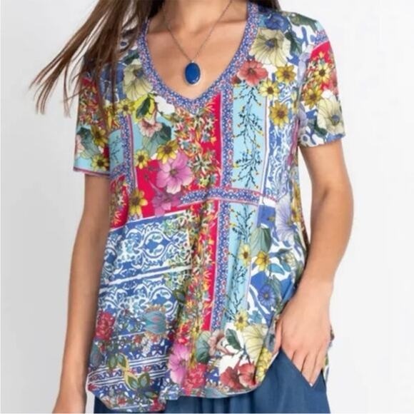 Johnny Was Midsummer Favorite Multicolor Bamboo V-neck Swing Tee Top Size XL - Picture 1 of 9